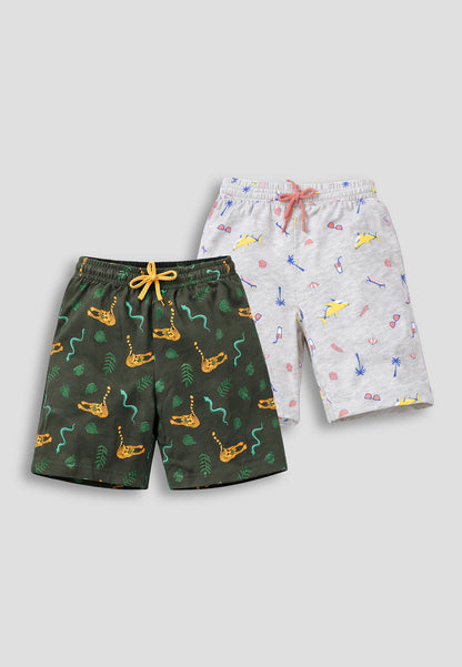 TRESNOVA Cotton Anti-Microbial & Smart Waistband Technology Jungle Printed  Soft Shorts Pack of 2- Green & Melange