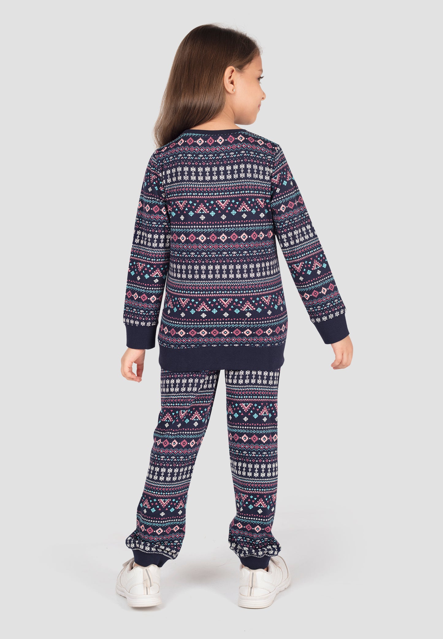 Tresnova Cotton Knit Full Sleeves Antimicrobial Finish Aztec Printed Coordinating T-shirt And Joggers Set-Navyblue
