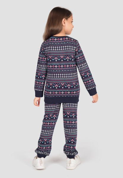 Tresnova Cotton Knit Full Sleeves Antimicrobial Finish Aztec Printed Coordinating T-shirt And Joggers Set-Navyblue
