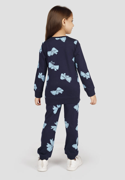Tresnova Cotton Knit Full Sleeves Antimicrobial Finish Bow Printed Coordinating T-shirt And Joggers Set-Navyblue