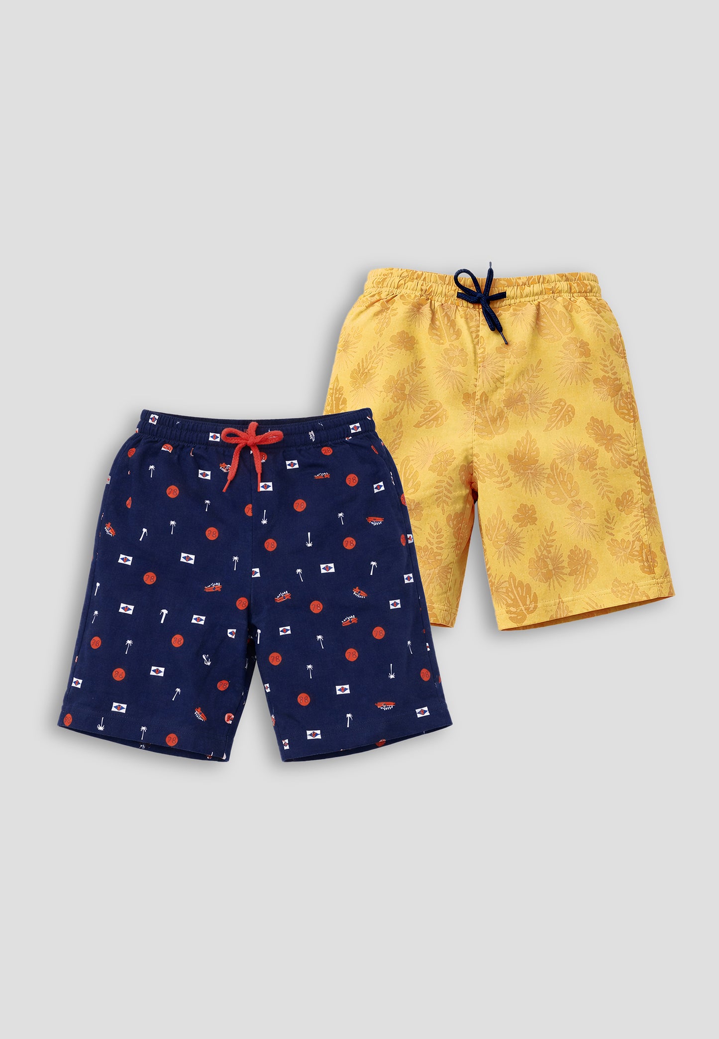 TRESNOVA Cotton Anti-Microbial & Smart Waistband Technology  Varsity Printed  Soft Shorts Pack of 2- Navyblue & Yellow