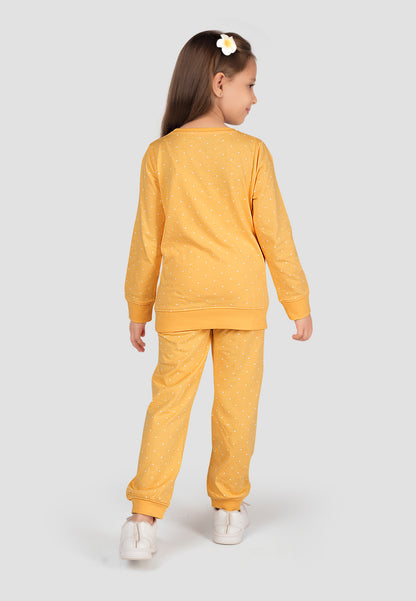 Tresnova Cotton Knit Full Sleeves Antimicrobial Finish Fox Printed Coordinating T-shirt And Joggers Set-Yellow