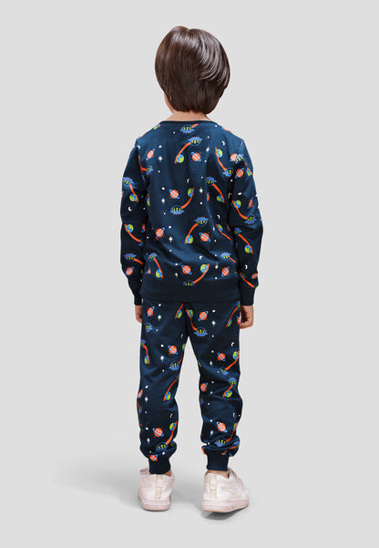 Tresnova Cotton Knit Full Sleeves Antimicrobial Finish Space Printed Coordinating T-shirt And Joggers Set-Navy