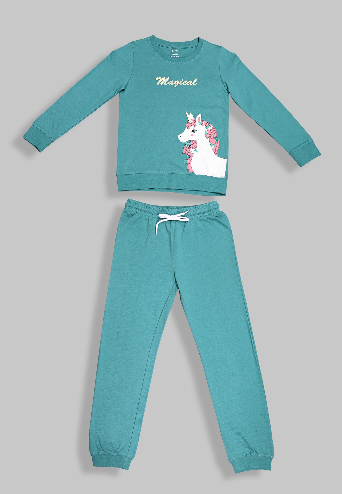 Tresnova Cotton Knit Full Sleeves Antimicrobial Finish Unicorn Printed Coordinating T-shirt And Joggers Set-Teal Blue