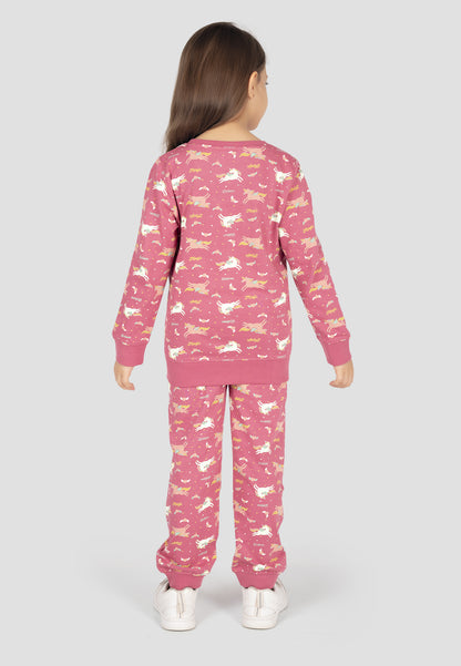 Tresnova Cotton Knit Full Sleeves Antimicrobial Finish Unicorn Printed Coordinating T-shirt And Joggers Set-Rosepink