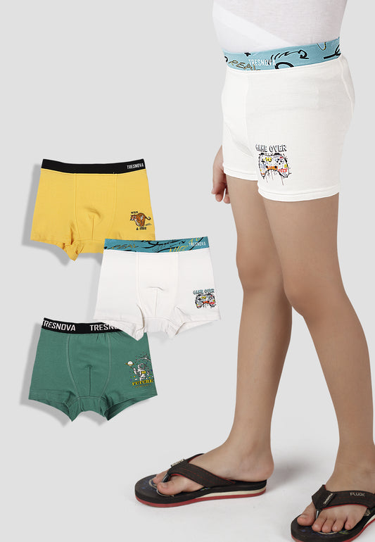 TRESNOVA Cotton Anti-microbial Finish & Smart Waistband Technology Tiger Printed Soft Boxer Briefs Pack of 3 - OffWhite Yellow & Green