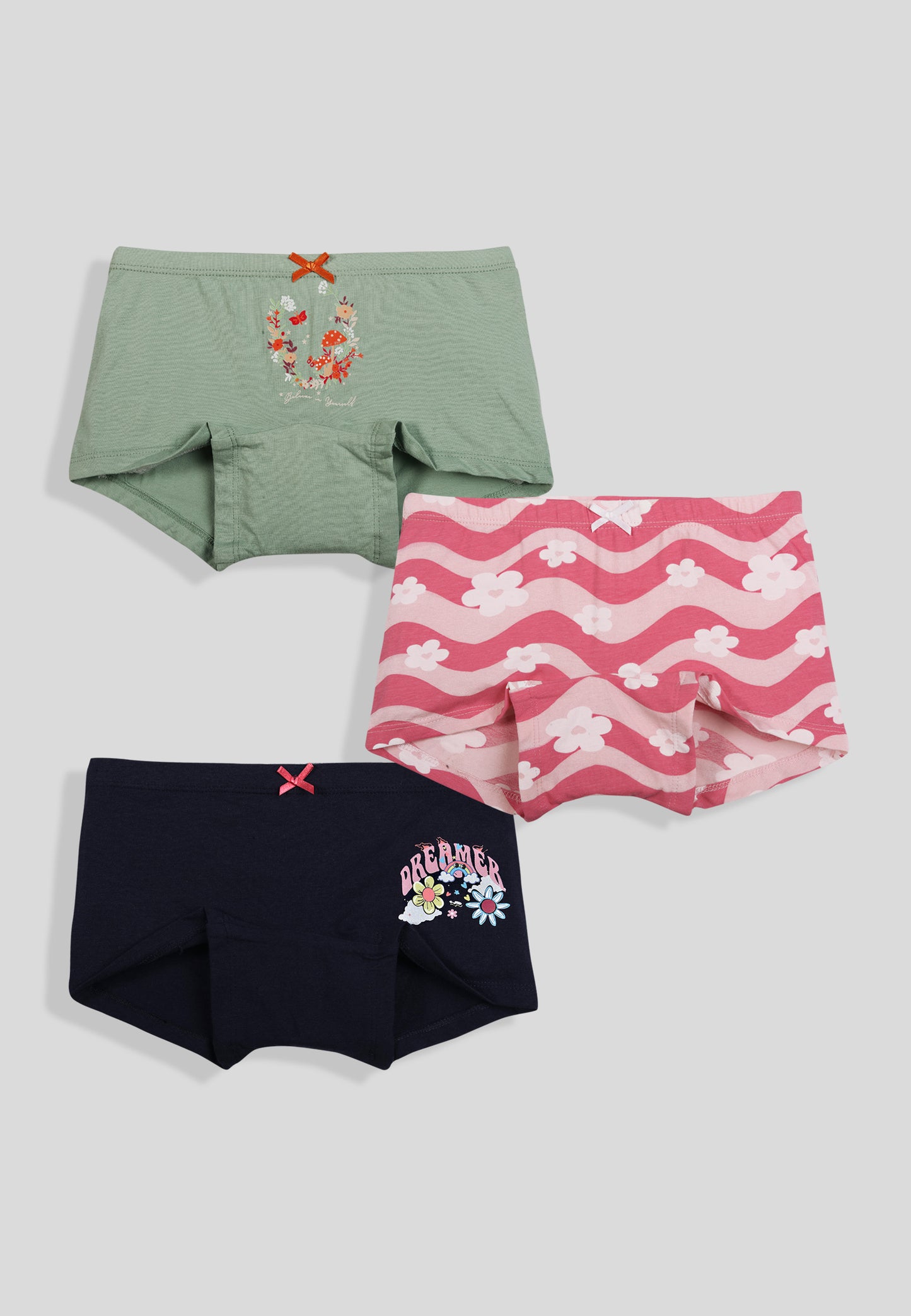 TRESNOVA Cotton Lycra Anti-microbial Finish & Smart Waistband Technology Floral Printed Soft Boxer Panties Pack of 3 -Navyblue Green & Pink