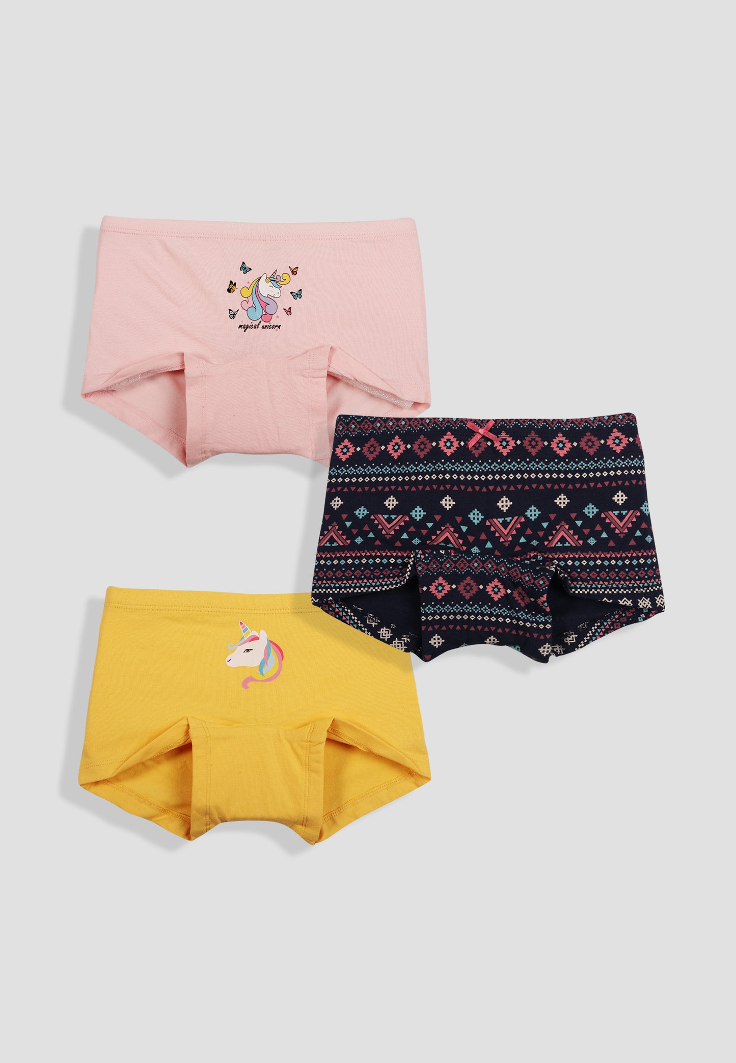 TRESNOVA Cotton Lycra Anti-microbial Finish & Smart Waistband Technology Unicorn Printed Soft Boxer Panties Pack of 3 -Yellow Pink & Navyblue