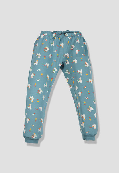 Tresnova Cotton Knit Full Sleeves Antimicrobial Finish Animal Printed Coordinating T-shirt And Joggers Set-Tealblue