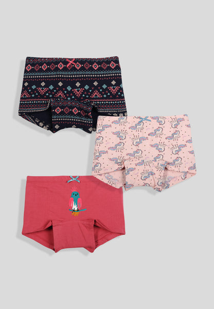TRESNOVA Cotton Lycra Anti-microbial Finish & Smart Waistband Technology Unicorn Printed Soft Boxer Panties Pack of 3 -Pink Navyblue & Rosepink