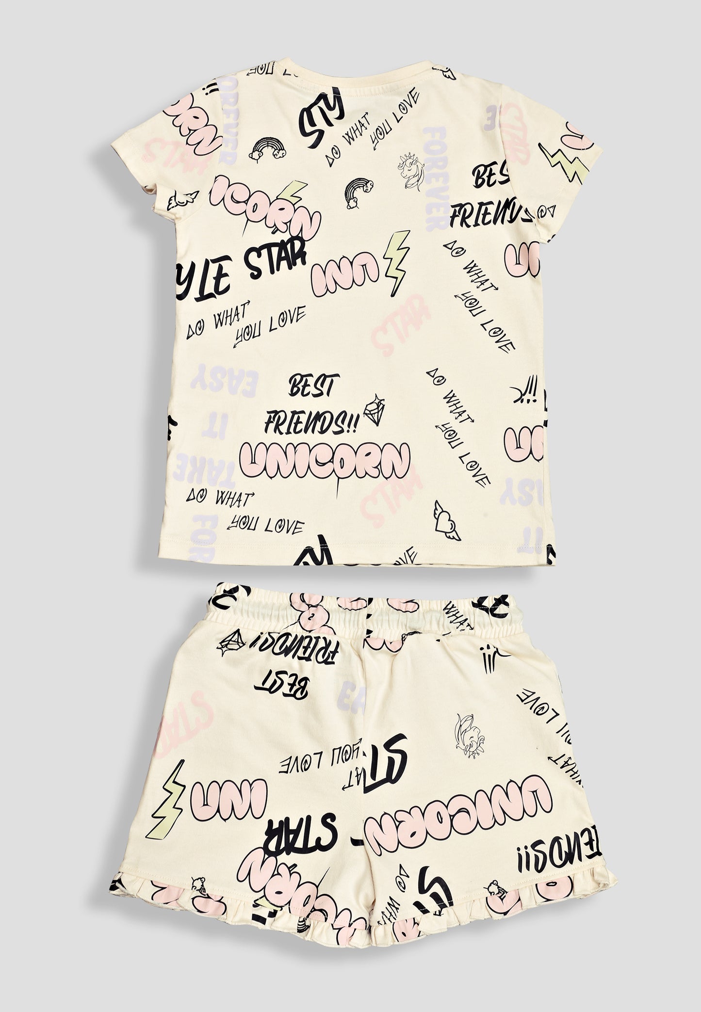 Girls' Graffiti Print Nightsuit – Soft, Anti-Microbial Cotton Co-ords | Pyjama Shorts Set for Kids