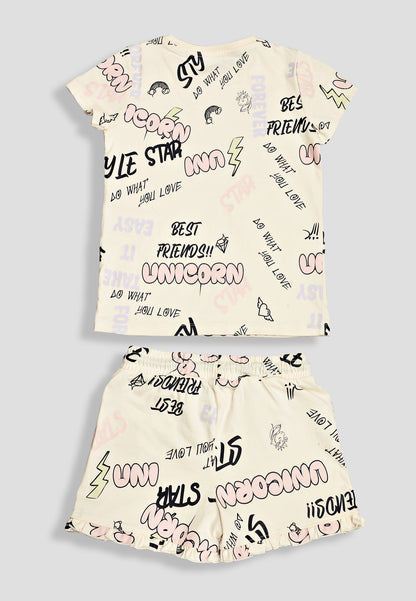 Girls' Graffiti Print Nightsuit – Soft, Anti-Microbial Cotton Co-ords | Pyjama Shorts Set for Kids