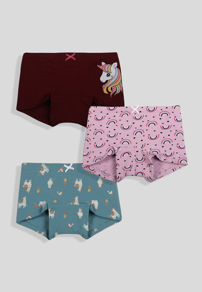TRESNOVA Cotton Lycra Anti-microbial Finish & Smart Waistband Technology Rainbow Printed Soft Boxer Panties Pack of 3 -Purple Burguncy & Tealblue