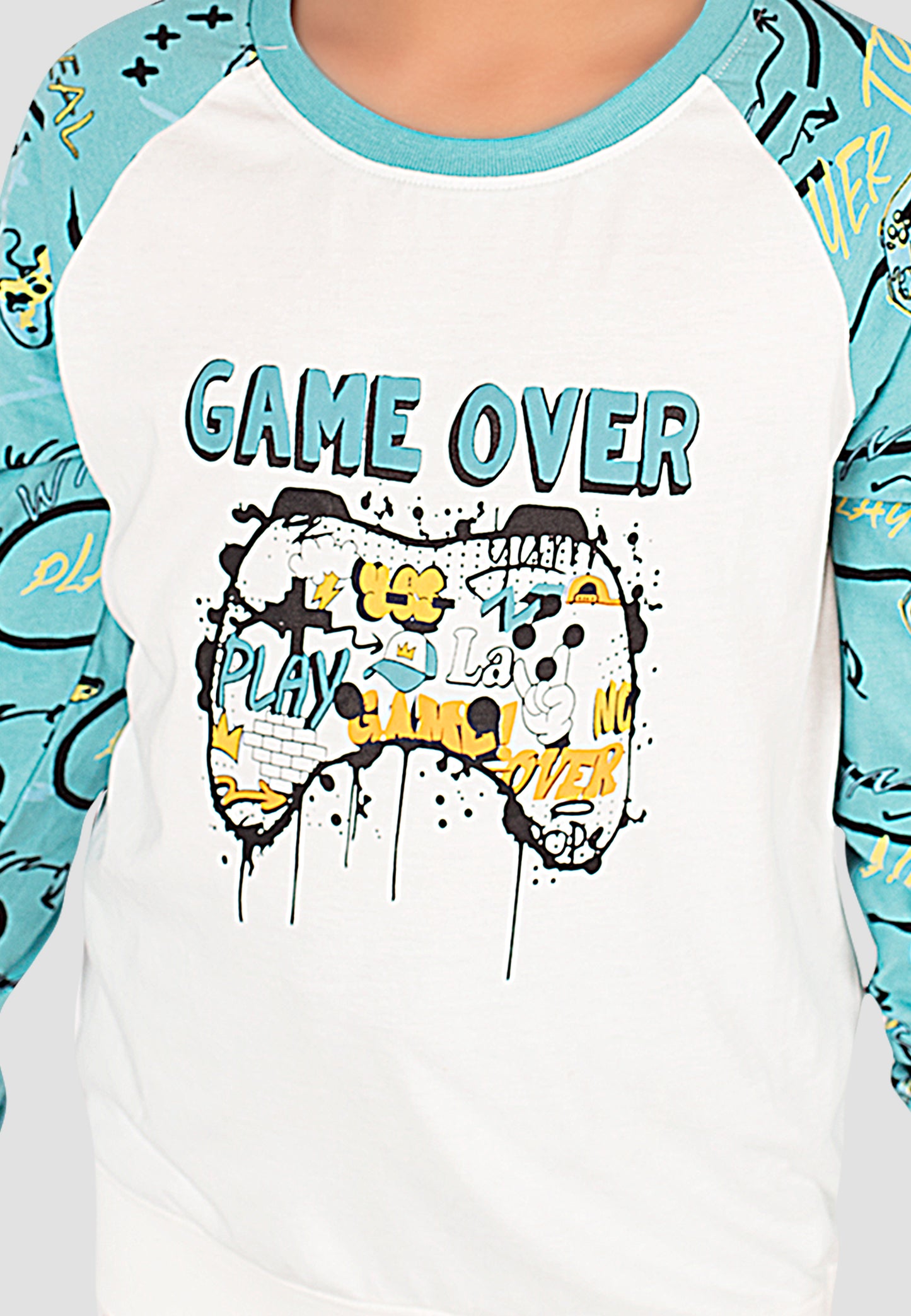 Tresnova Cotton Knit Full Sleeves Antimicrobial Finish Game Printed Coordinating T-shirt And Joggers Set-Offwhite