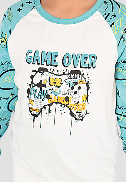 Tresnova Cotton Knit Full Sleeves Antimicrobial Finish Game Printed Coordinating T-shirt And Joggers Set-Offwhite