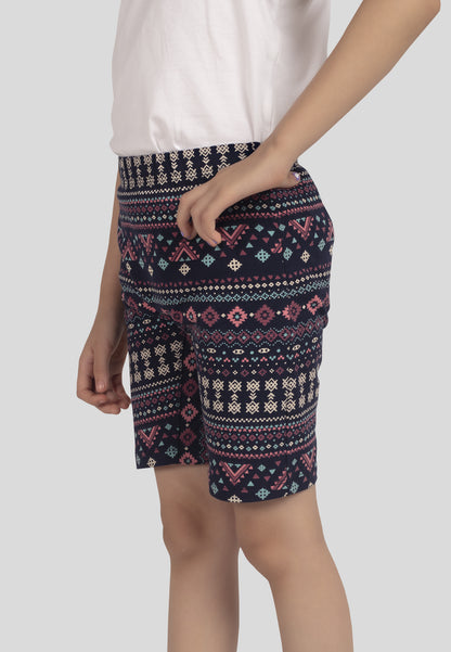 TRESNOVA Cotton Lycra Anti-microbial Finish & Smart Waistband Technology Aztec Printed Soft Cycling shorts Pack of 3 -  Navyblue Rosepink & Offwhite