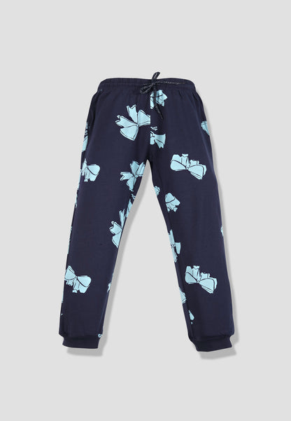 Tresnova Cotton Knit Full Sleeves Antimicrobial Finish Bow Printed Coordinating T-shirt And Joggers Set-Navyblue