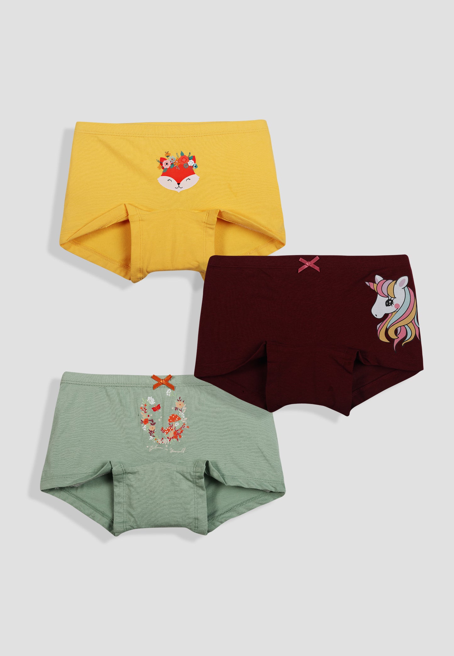 TRESNOVA Cotton Lycra Anti-microbial Finish & Smart Waistband Technology Unicorn Printed Soft Boxer Panties Pack of 3 -Burgundy Yellow & Green