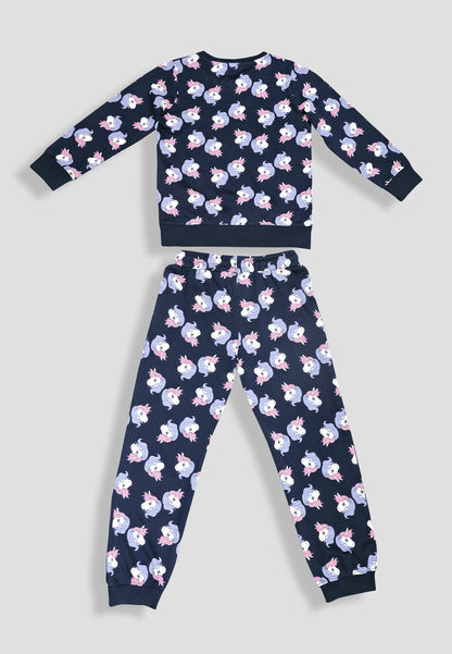 Tresnova Cotton Knit Full Sleeves Antimicrobial Finish Unicorn Printed Coordinating T-shirt And Joggers Set-Navy Blue