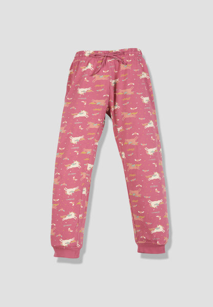 Tresnova Cotton Knit Full Sleeves Antimicrobial Finish Unicorn Printed Coordinating T-shirt And Joggers Set-Rosepink
