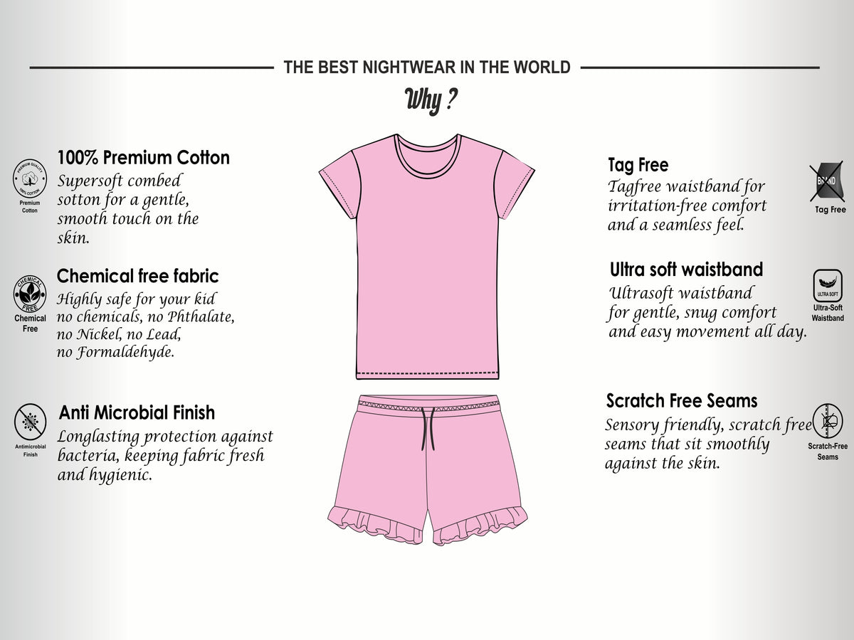 Soft Cotton Short Sets for Girls ( 1 Set) |  Anti-Bacterial Chemical Free Nightwear | Ages 2-16Y