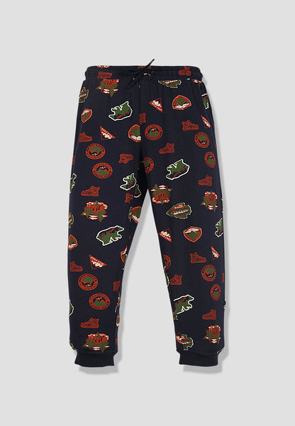 Tresnova Cotton Knit Half Sleeves Antimicrobial Finish Jungle Printed Coordinating T-shirt And Joggers Set-Navy Blue