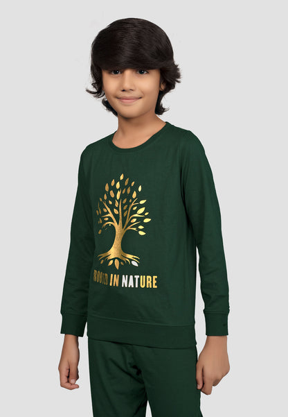 Kantara Tresnova Cotton Knit Full Sleeves Antimicrobial Finish Root Printed Coordinating T-shirt And Joggers Set-Green