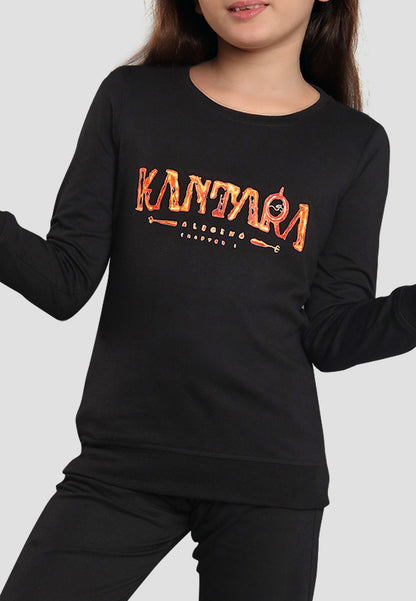 Kantara Tresnova Cotton Knit Full Sleeves Antimicrobial Finish Text Printed Coordinating T-shirt And Joggers Set-Black
