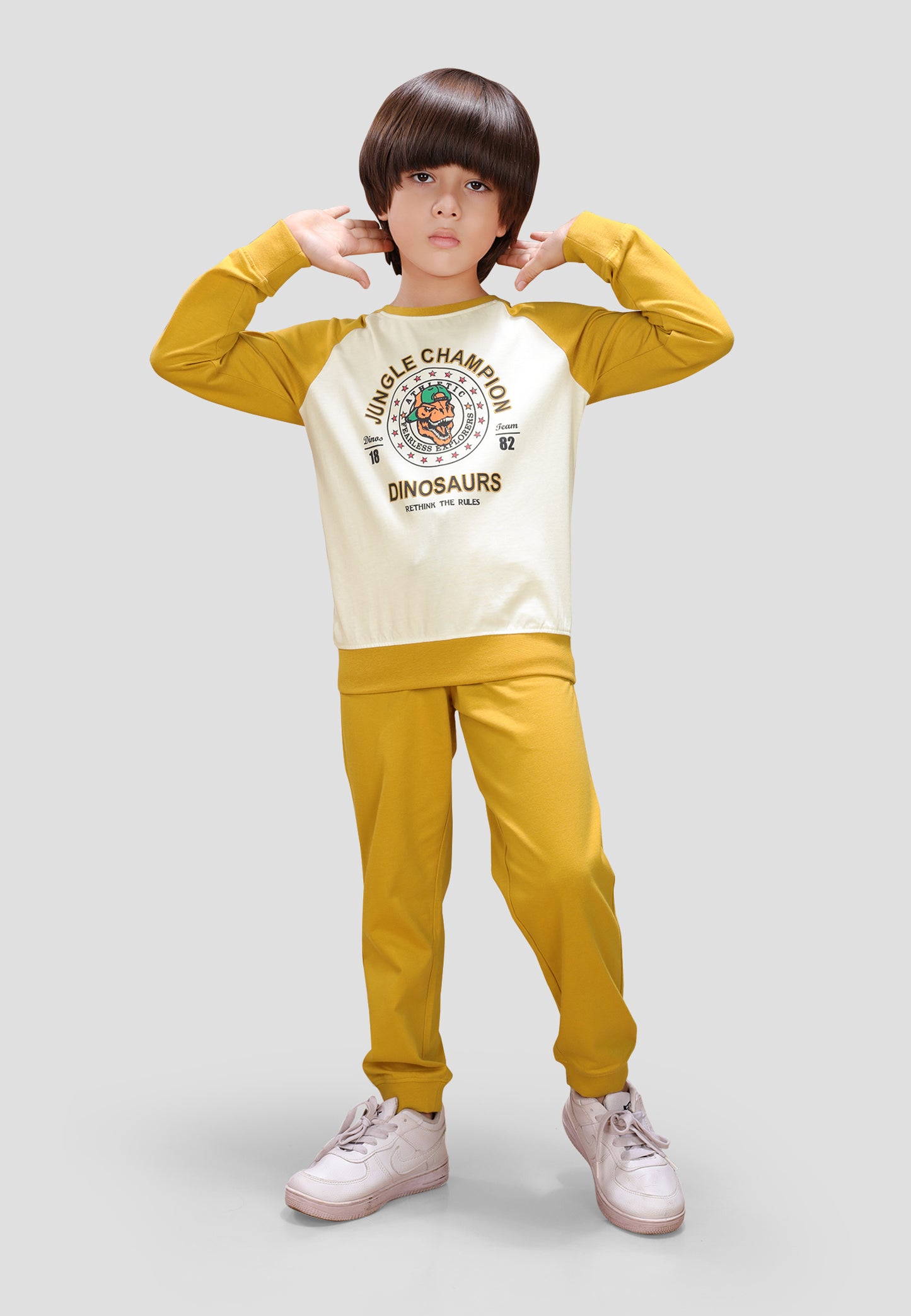 Tresnova Cotton Knit Full Sleeves Antimicrobial Finish Dinosaur Printed Coordinating T-shirt And Joggers Set-Off White