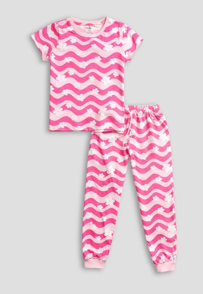 Tresnova Cotton Knit Half Sleeves Antimicrobial Finish Floral Printed Coordinating T-shirt And Joggers Set-Pink