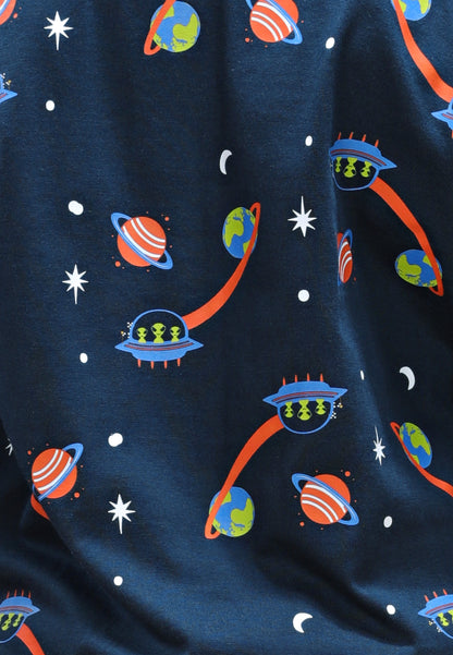 Tresnova Cotton Knit Full Sleeves Antimicrobial Finish Space Printed Coordinating T-shirt And Joggers Set-Navy