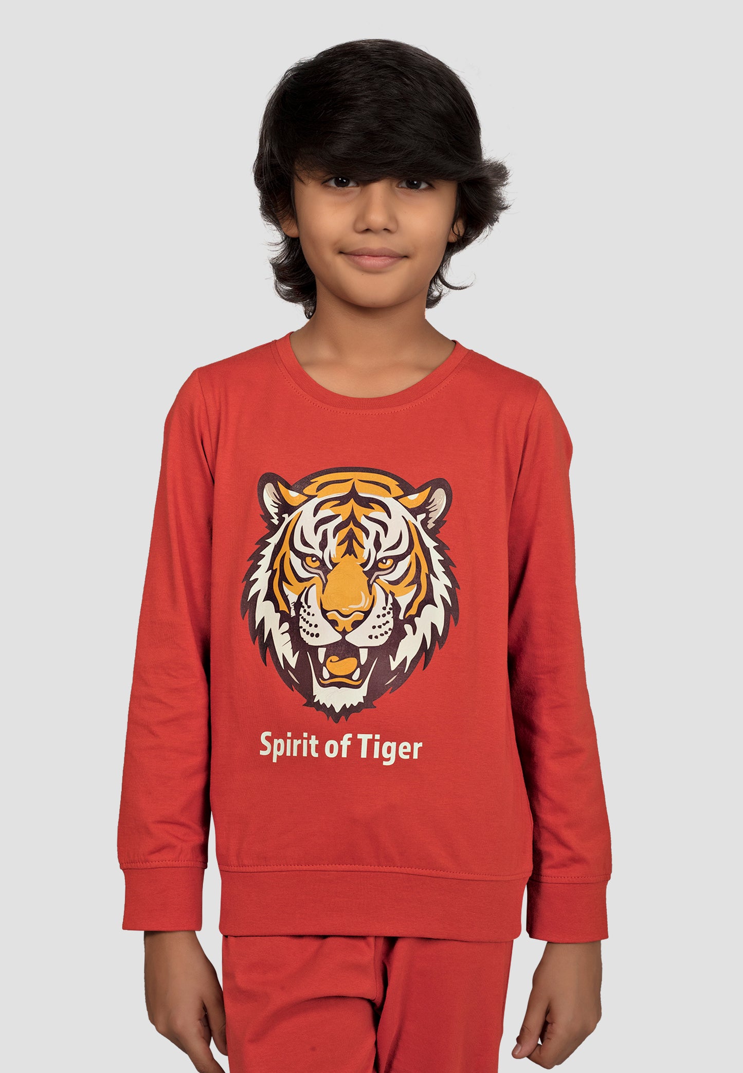Kantara Tresnova Cotton Knit Full Sleeves Antimicrobial Finish Tiger Printed Coordinating T-shirt And Joggers Set-Orange