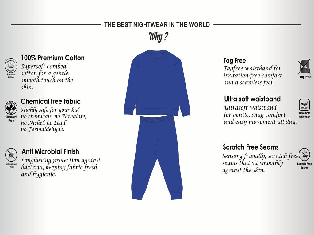 Soft Cotton Pyjama Set for Boys ( 1 Set) |  Anti-Bacterial Chemical Free Nightwear | Ages 2-16Y