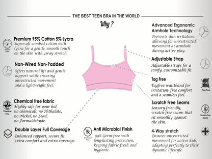 Girls Beginners Full-Coverage Non-Padded 4-Way Stretch Bra – Soft, Anti-Microbial & advanced ergonomic armhole technology Cotton Lycra Underwear for Kids - Pack of 2
