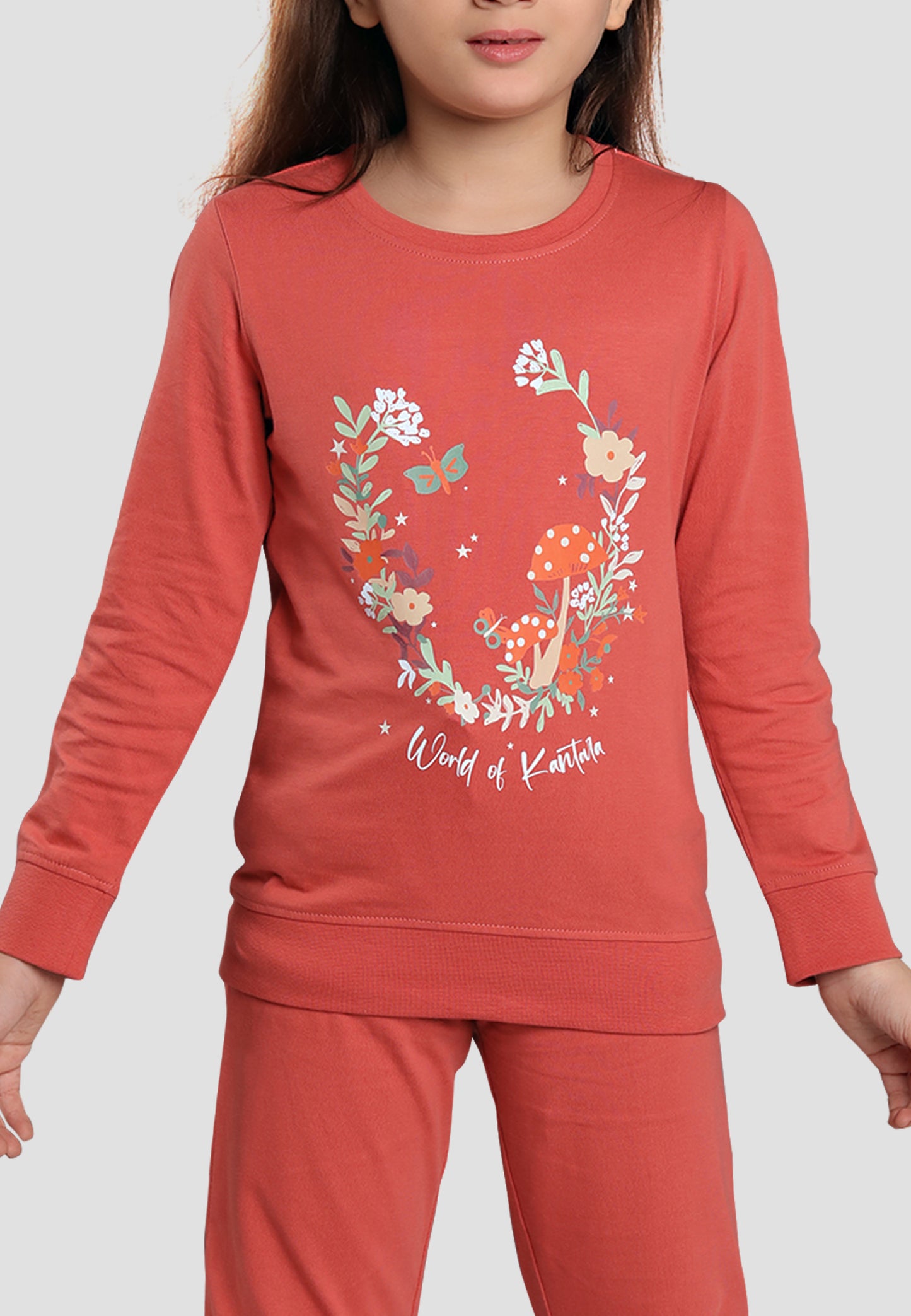 Kantara Tresnova Cotton Knit Full Sleeves Antimicrobial Finish Floral Printed Coordinating T-shirt And Joggers Set-Pink
