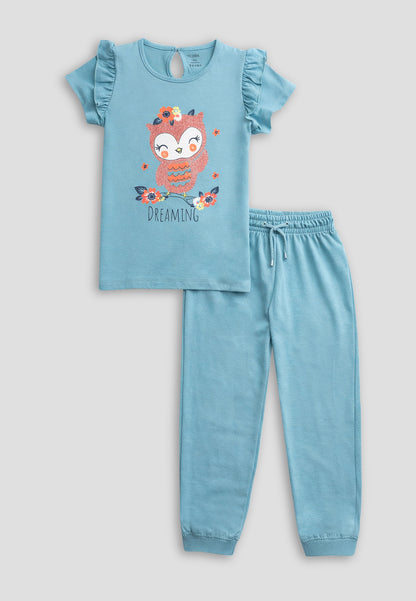 Tresnova Cotton Knit Half Sleeves Antimicrobial Finish Owl Printed Coordinating T-shirt And Joggers Set-Tealblue