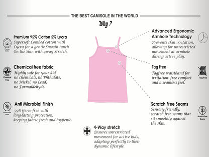Girls Solid Camisoles/Vest Tops –Soft Cotton Lycra Kids' Undershirts with Anti-Microbial Finish & advanced ergonomic armhole technology - Pack of 3