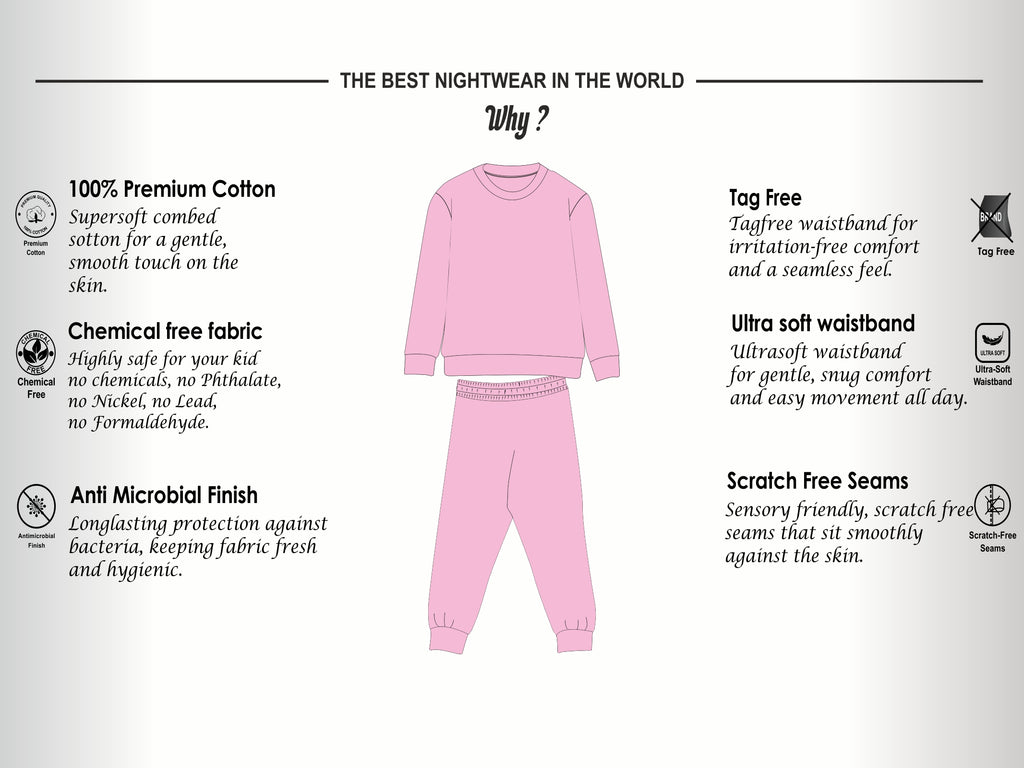 Soft Cotton Pyjama Set for Girls ( 1 Set) |  Anti-Bacterial Chemical Free Nightwear | Ages 2-16Y