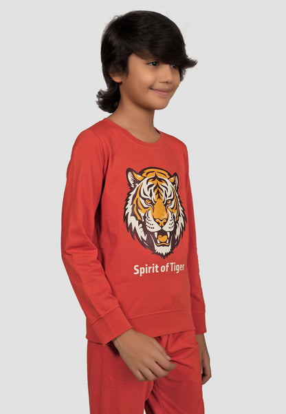 Kantara Tresnova Cotton Knit Full Sleeves Antimicrobial Finish Tiger Printed Coordinating T-shirt And Joggers Set-Orange