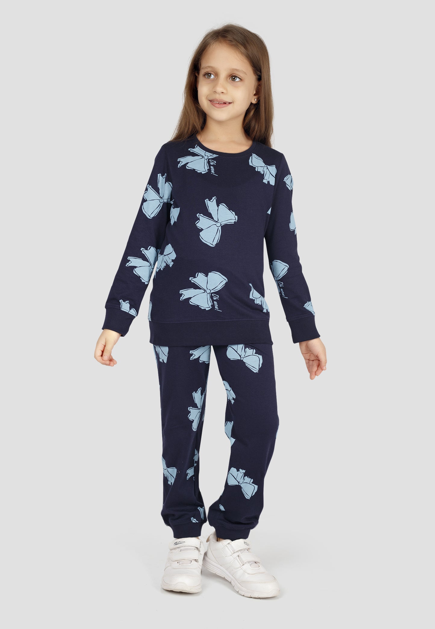 Tresnova Cotton Knit Full Sleeves Antimicrobial Finish Bow Printed Coordinating T-shirt And Joggers Set-Navyblue