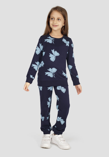 Tresnova Cotton Knit Full Sleeves Antimicrobial Finish Bow Printed Coordinating T-shirt And Joggers Set-Navyblue