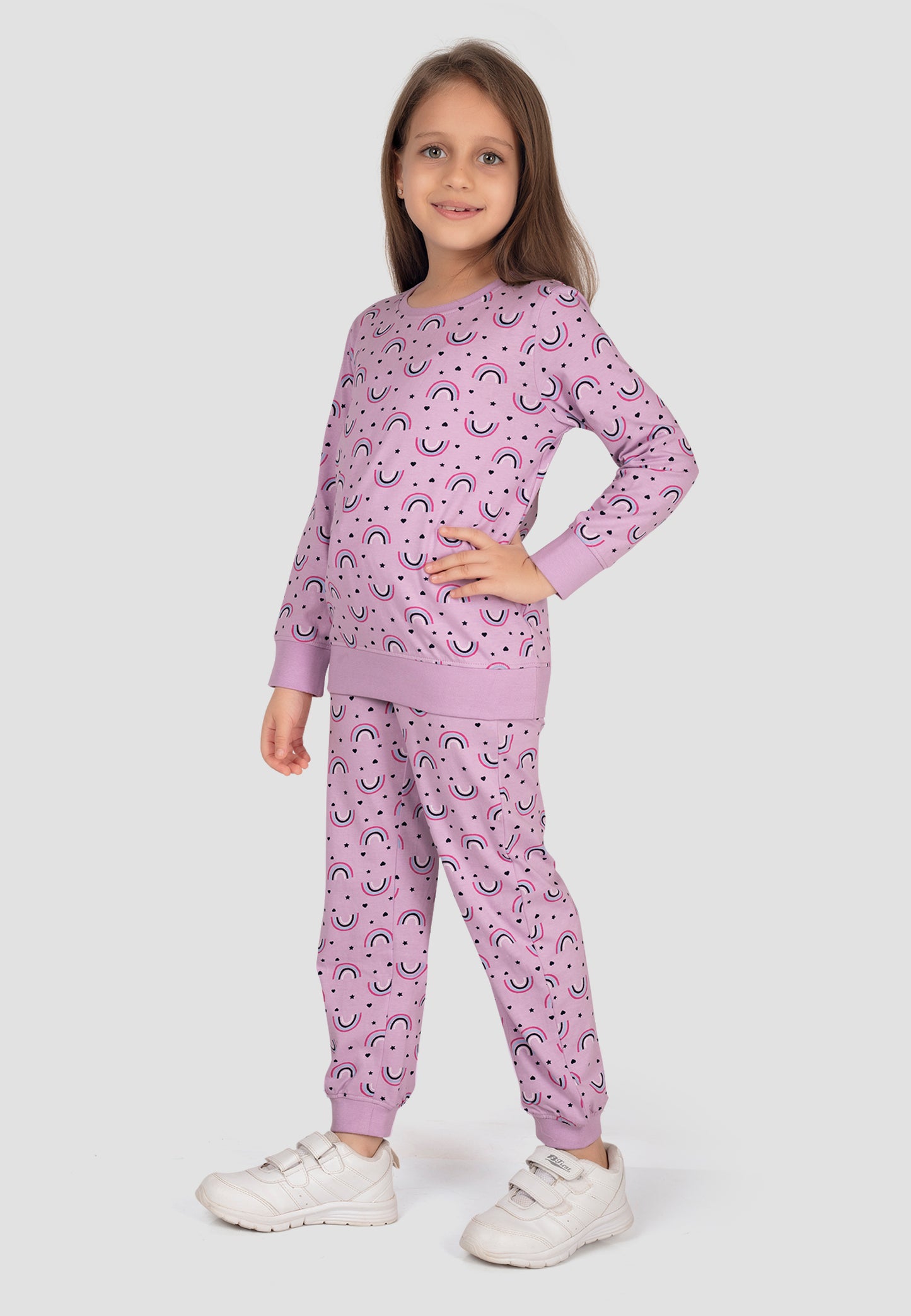 Tresnova Cotton Knit Full Sleeves Antimicrobial Finish Rainbow Printed Coordinating T-shirt And Joggers Set-Purple