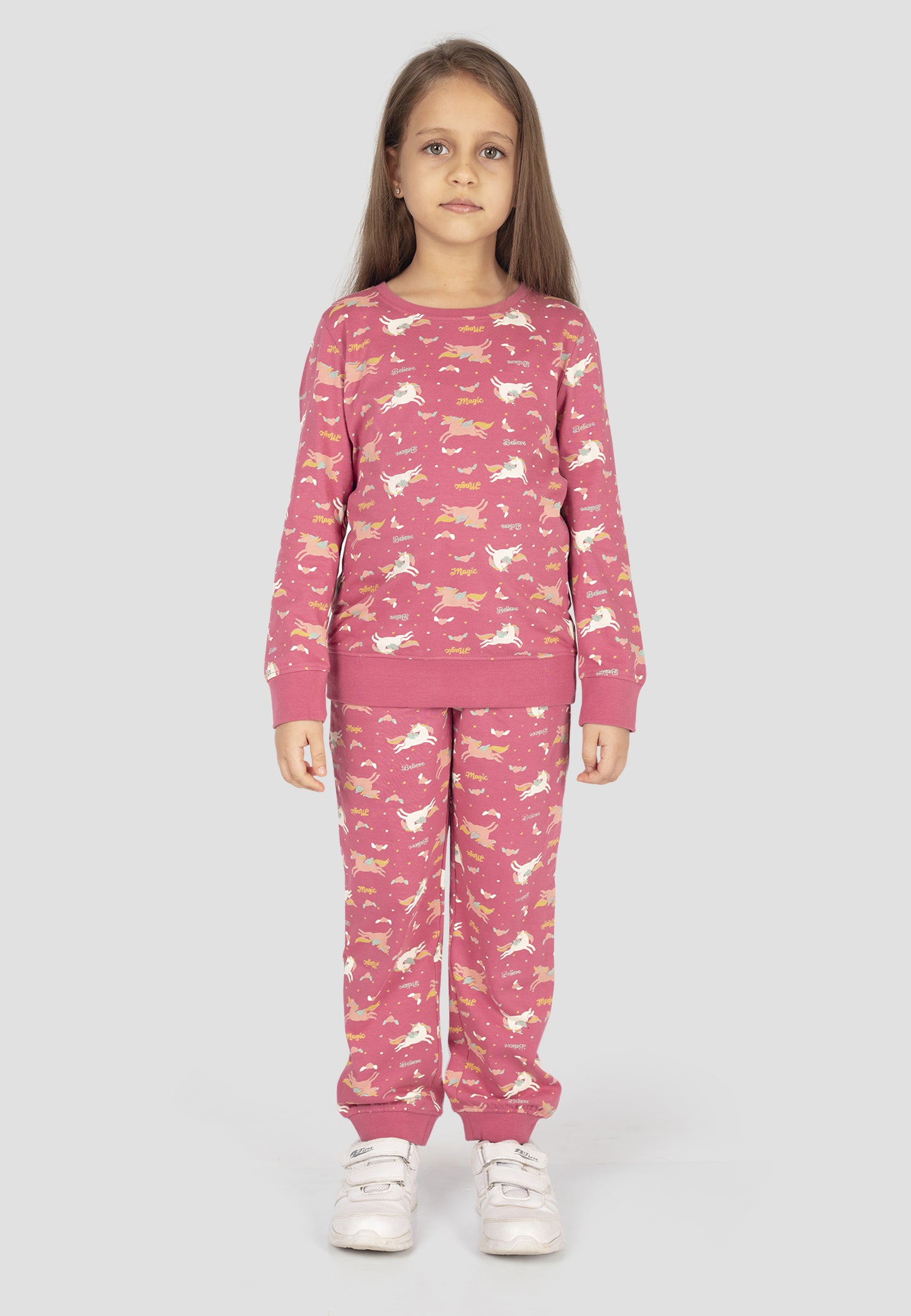 Tresnova Cotton Knit Full Sleeves Antimicrobial Finish Unicorn Printed Coordinating T-shirt And Joggers Set-Rosepink