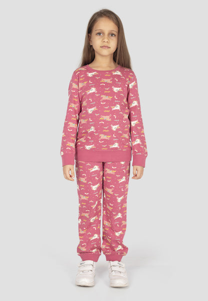 Tresnova Cotton Knit Full Sleeves Antimicrobial Finish Unicorn Printed Coordinating T-shirt And Joggers Set-Rosepink
