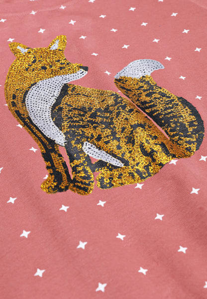 Tresnova Cotton Knit Full Sleeves Antimicrobial Finish Fox Printed Coordinating T-shirt And Joggers Set-Salmon Pink