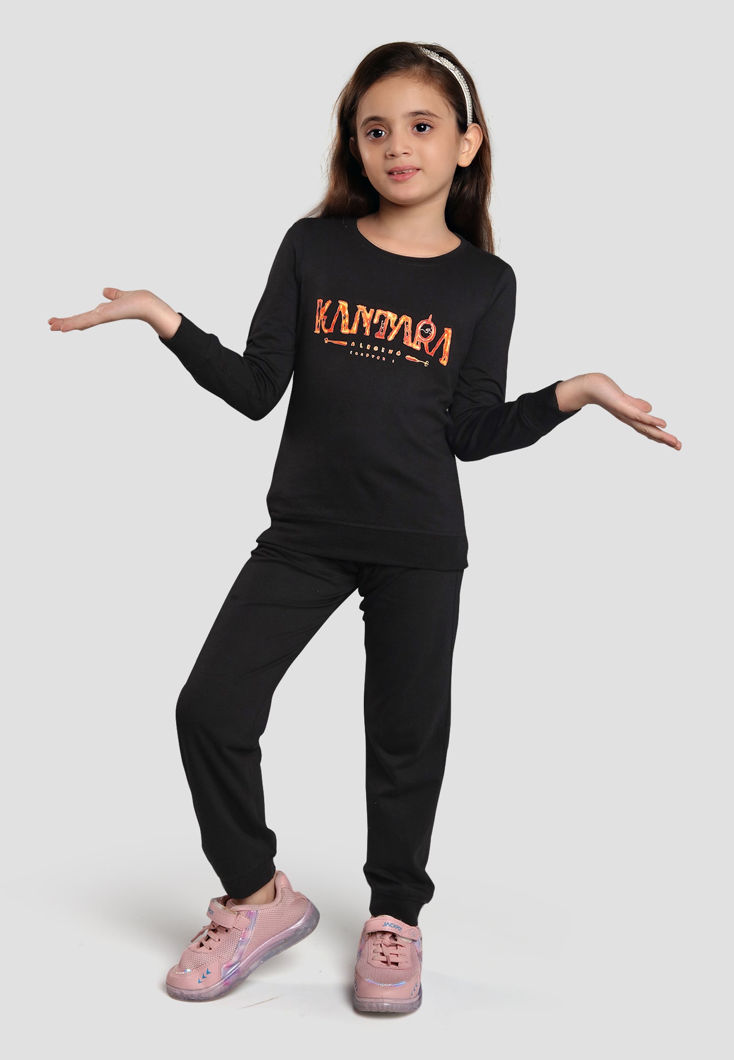 Kantara Tresnova Cotton Knit Full Sleeves Antimicrobial Finish Text Printed Coordinating T-shirt And Joggers Set-Black