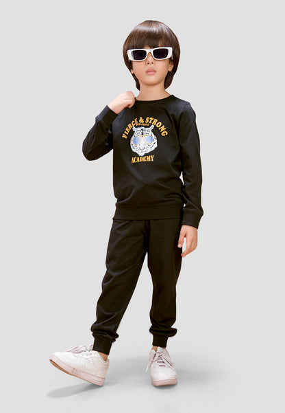 Tresnova Cotton Knit Full Sleeves Antimicrobial Finish Tiger Printed Coordinating T-shirt And Joggers Set-Black