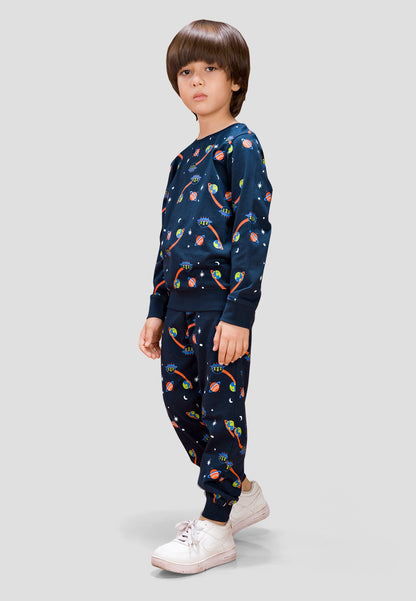 Tresnova Cotton Knit Full Sleeves Antimicrobial Finish Space Printed Coordinating T-shirt And Joggers Set-Navy