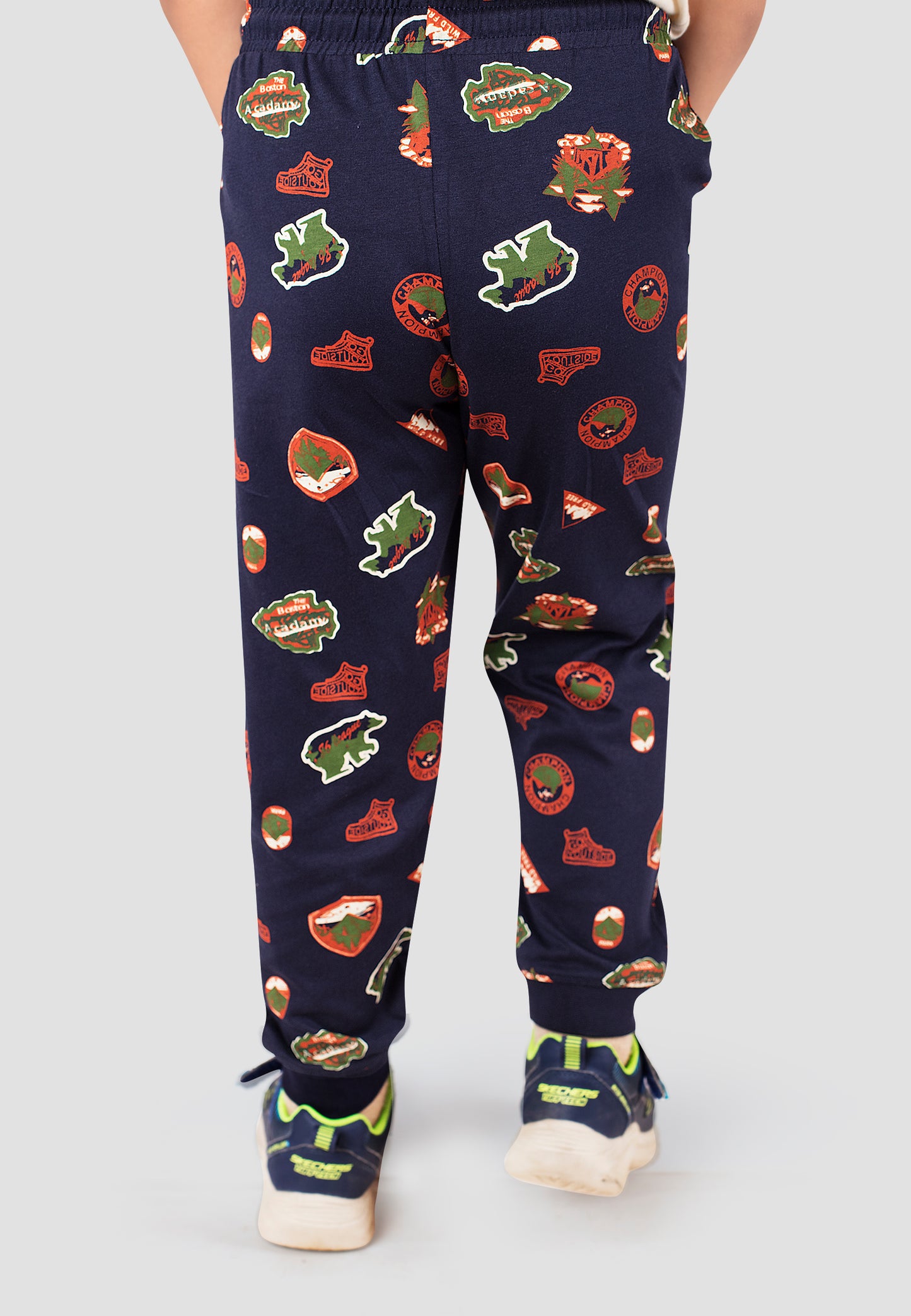 Tresnova Cotton Knit Full Sleeves Antimicrobial Finish Camping Printed Jogger Track Pants ( Pack of 2)-Navyblue, Orange