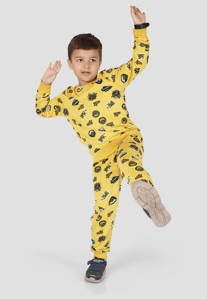 Tresnova Cotton Knit Full Sleeves Antimicrobial Finish Jungle Printed Coordinating T-shirt And Joggers Set-Yellow